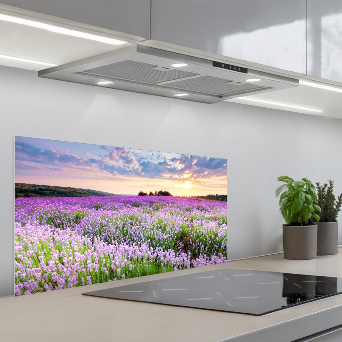 KitchenYeah Spatscherm 80x40 cm Zelfklevende achterwand Lavendel Bloemen Zonsondergang Paars Weide Keuken muurbeschermer Spatwand fornuis