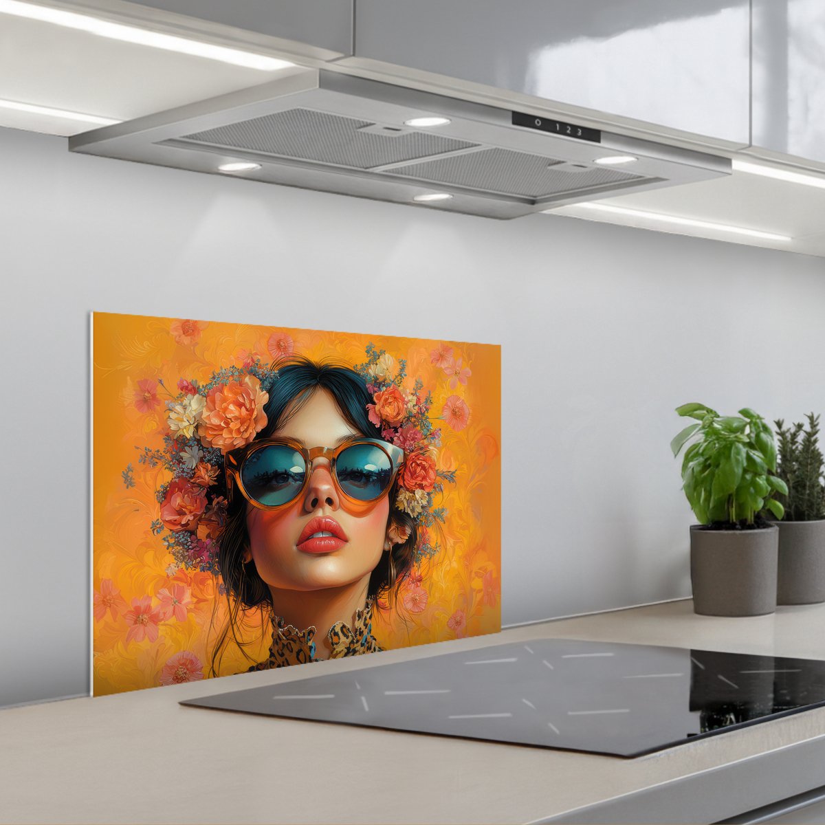 Spatscherm 60x45 cm - Zelfklevende achterwand Vrouw - Bloemen - Aesthetic - Oranje - Keuken muurbeschermer - Spatwand fornuis