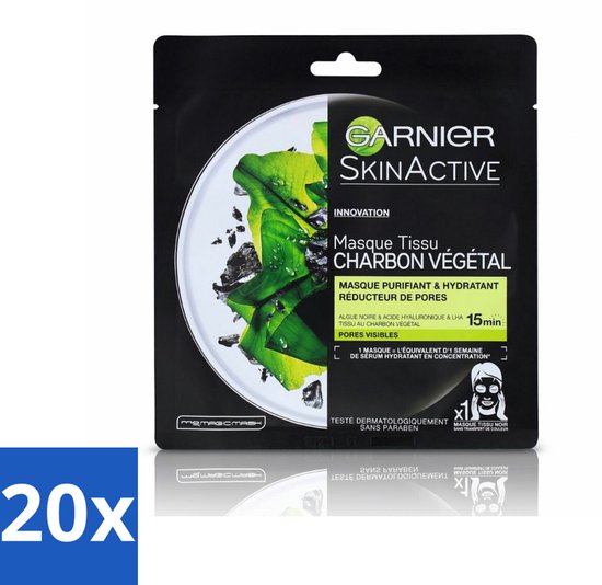 20 x Garnier - SkinActive - Tissue Masker - Charcoal - 1 Gezichtsmasker - Huidzuiveren - Huidhydraat - Huidstructuur - Poriën Verfijnen - Houtskool Masker