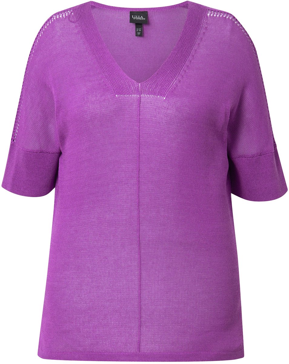 Ulla Popken - Dames - Pullover siernaad oversized V-hals halve mouwen - Paars - Maat 42+