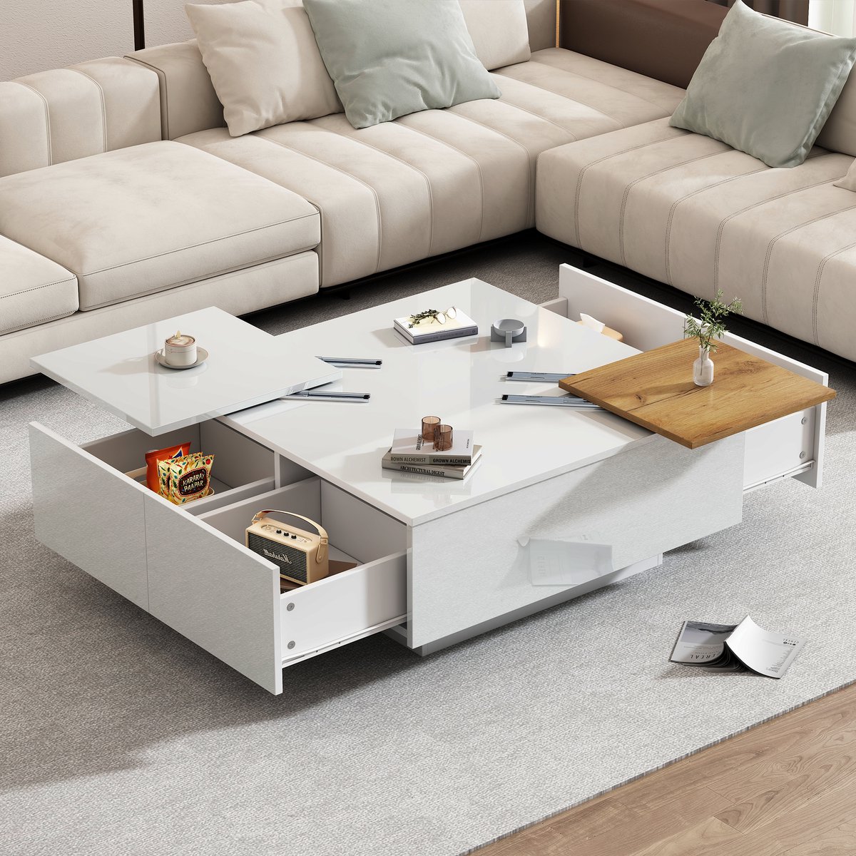 REDOM Salontafel hoogglans wit vierkant 75x75x33,5 cm | Verplaatsbare bladen, 4 lades, 30 kg draagkracht