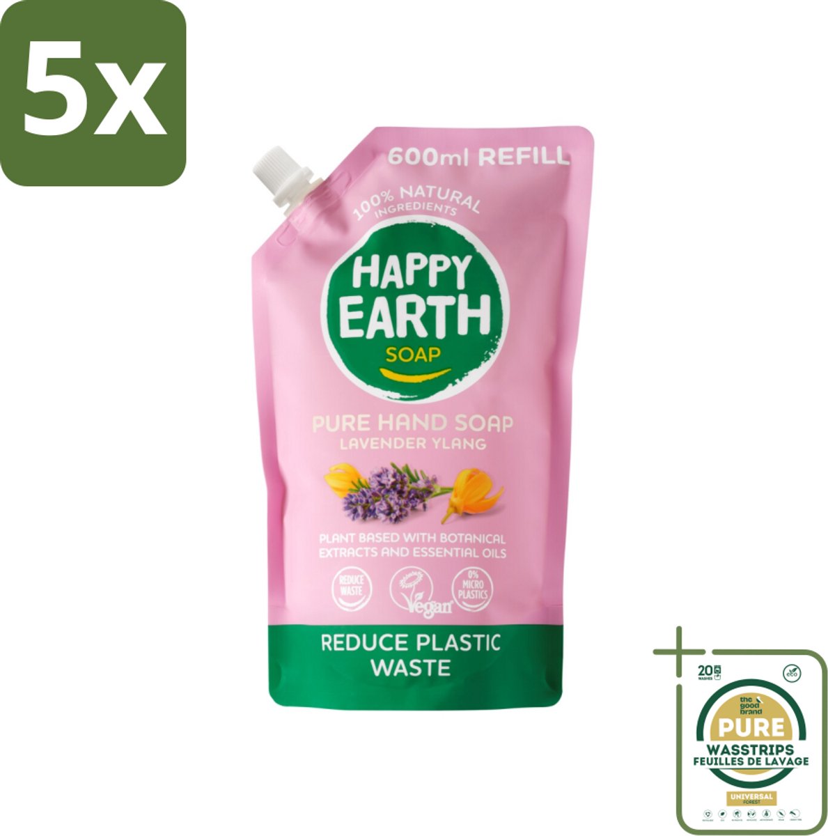 5 x Happy Earth – Handzeep Navulling – 100% Natuurlijk Lavender Ylang – 600 ml - Grootverpakking - Handzeep Navulling - Natuurlijke Handzeep - Vegan Handzeep - Lavendel Handzeep - Ylang Handzeep