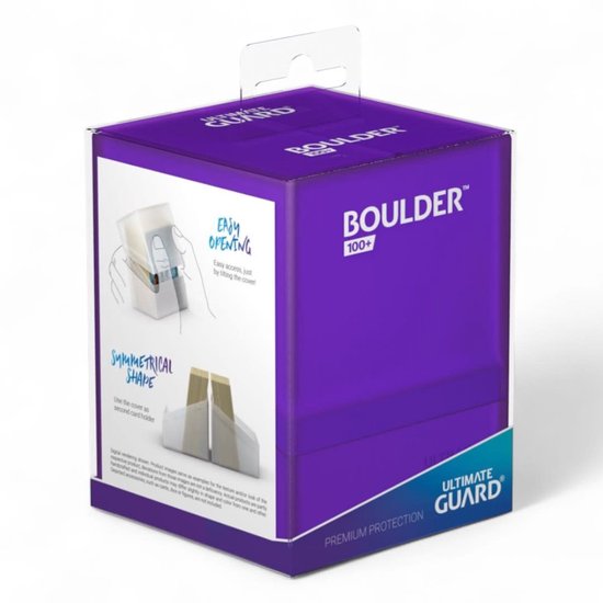 Paarse opbergdoos voor kaarten, met de tekst "BOULDER 100+" en "ULTIMATE GUARD". Een illustratie toont hoe de deksel als kaarthouder kan dienen.