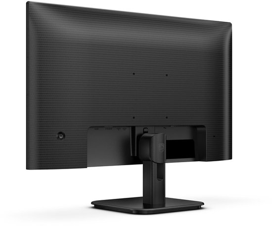 Achterkant van een zwarte Philips monitor met gestructureerde afwerking en aansluitingen.