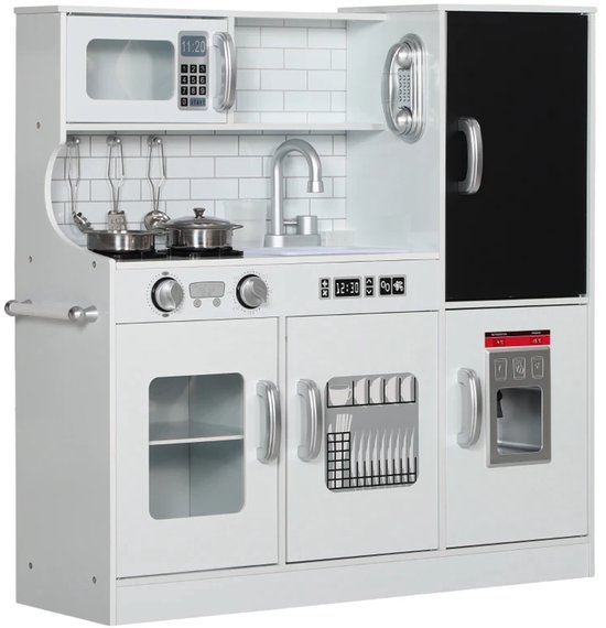 Keuken Speelgoed - Kinderspeelkeuken - Kinderkeuken - met Telefoon, Krijtbord, Magnetron, Fornuis, Spoelbak, en Ijsmachine - 3+ - Rollenspel - Cadeau voor Jongens en Meisjes - 83.8x26.8x81cm - Wit