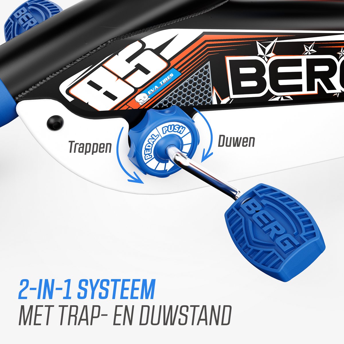 BERG Buzzy 2-in-1 Nitro Skelter - 2+ jaar - Verstelbare Stoel - Veilige en Stabiele Wegligging - Anti-Lek EVA Banden - Blauw/Oranje - incl. duwstang — afbeelding 5