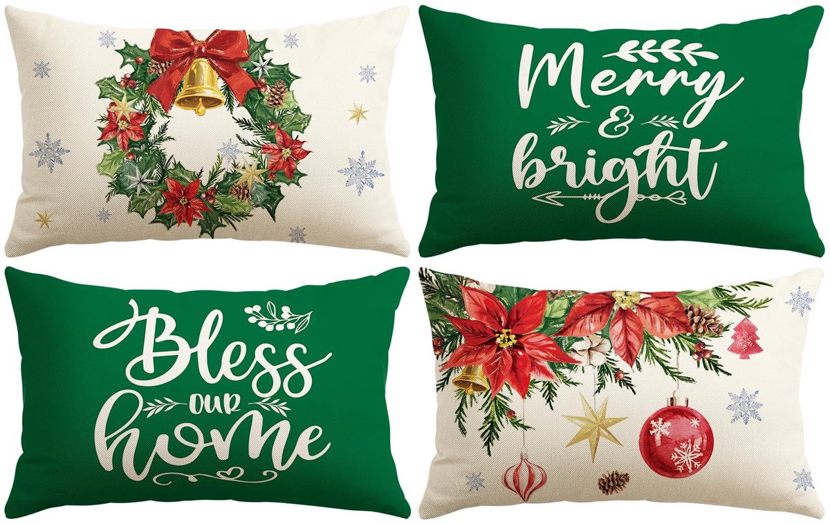 Unyqoos Set van vier feestelijke kussenslopen met kerstkrans en klok ontwerp Kerstkrans En Klokken - Groen