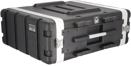 Zwarte flightcase met aluminium randen, handgreep en "UP"-label.