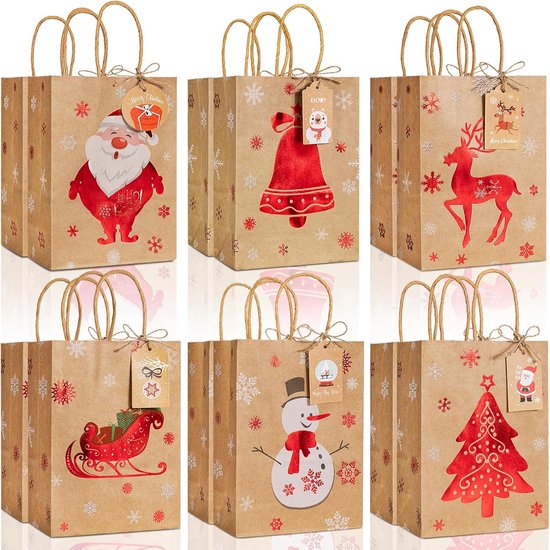 12 Stuks Kerst Cadeau Zakjes van Kraftpapier - Kleine Traktatiezakjes met Cadeaulabels, Kerstpapieren Goodiebags met Handvat voor Nieuwjaarsfeestjes