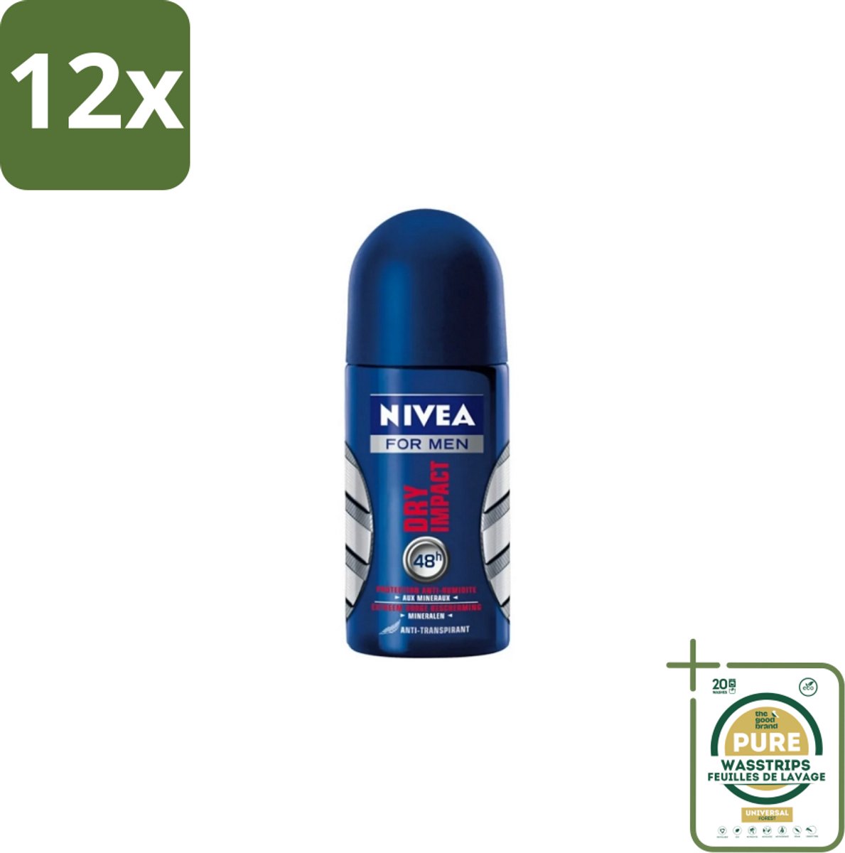 NIVEA MEN - Deodorant Roller - Dry Impact - 50 ml - Voordeelverpakking - 12 stuks - Geur - Zweet