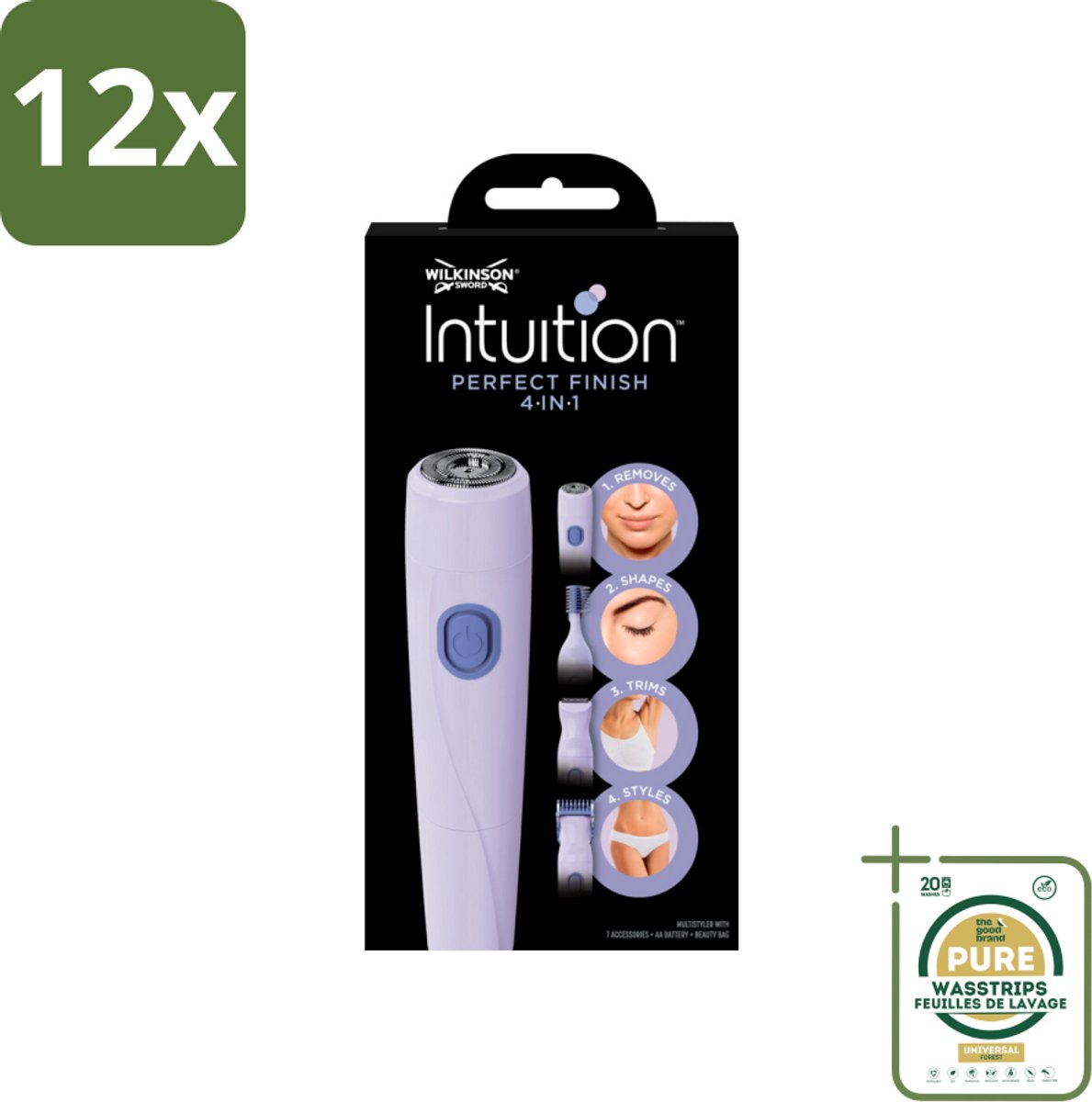 Wilkinson Sword - Trimmer - Intuition Perfect Finish 4-in-1 - Gezicht en Lichaam - 1 scheerapparaat - Voordeelverpakking - 12 stuks - Wenkbrauwtrimmer - Ontharingsapparaat