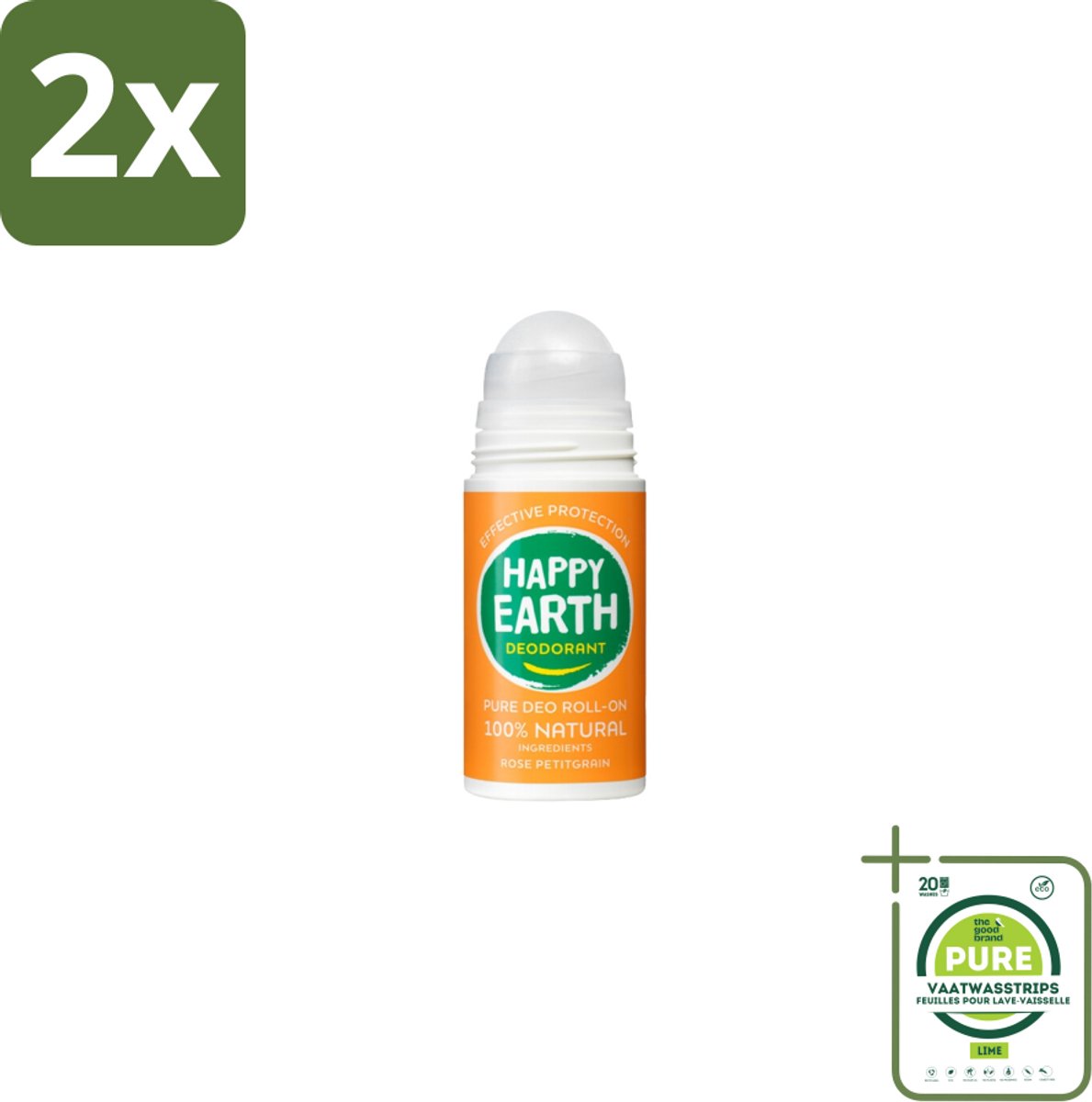 Happy Earth – Deodorant Roll-On – 100% Natuurlijk Rose Petitgrain – 75 ml - Voordeelverpakking - 2 stuks - Natuurlijke deodorant - Roll-on deodorant