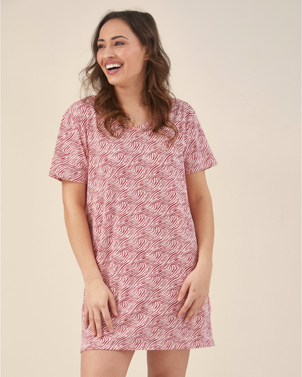 Little Label zomer nachthemd dames - roze zebra-streep-38 - extra zachte bio-katoen