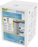 Doos van de Intex Krystal Clear C600 filterpomp, met productafbeeldingen en informatie.