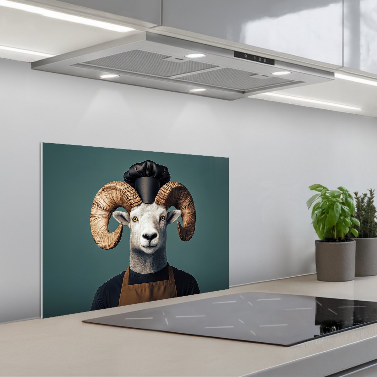 KitchenYeah Spatscherm 60x45 cm Zelfklevende achterwand Geit Hoorns Kokskleding Keuken muurbeschermer Spatwand fornuis