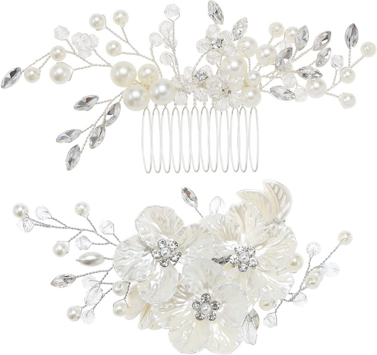 Set van 2 Parelwitte Bloem Haarspeld Met Kristallen Decoratie
