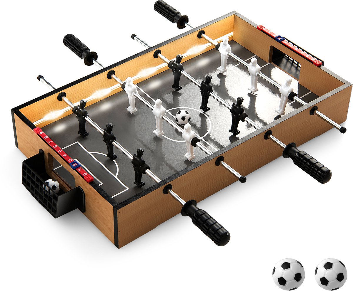 COSTWAY Mini tafelvoetbaltafel voor 2 spelers met ledverlichting, 2 voetballen en scorebord, voetbaltafel van hout voor volwassenen en kinderen, 51 x 30,5 x 9 cm