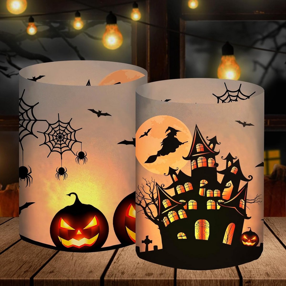 Windlicht, set van 12 stuks, met Halloween deco pompoen/vleermuis/heks/spinnenweb, tafeldecoratie voor Halloween, kinderverjaardagsfeest, voor outdoor en indoor, tuin, voor theelichtjes of kaarsjes