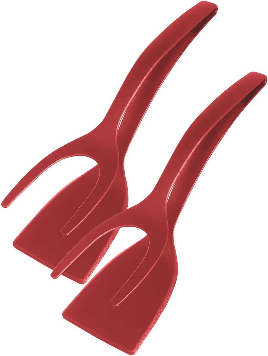 2-in-1 Eierspatel en Tang - Keukentang voor Gebakken Eieren, Pannenkoeken en Meer (Rood)