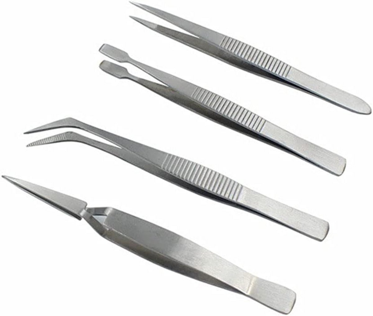 Set van 4 Precisie Pincetten RVS - Universeel Gebruik voor Hobby, Reparatie en Knutselen