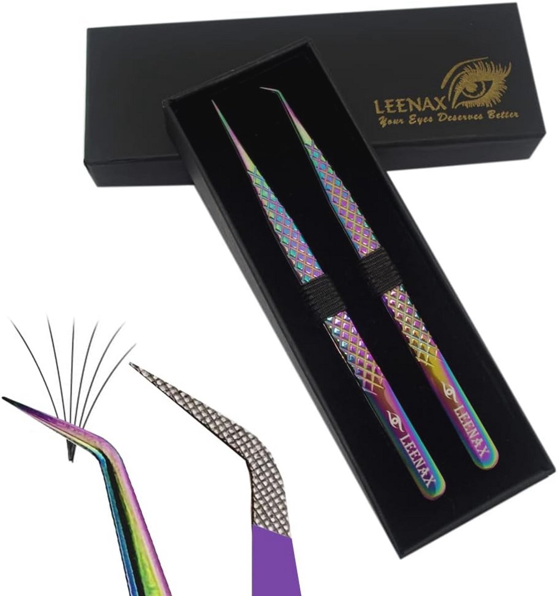 Wimper Extension Pincet Set - 2 Stuks Recht & Gebogen met Diamond Grip, Rainbow Kleur
