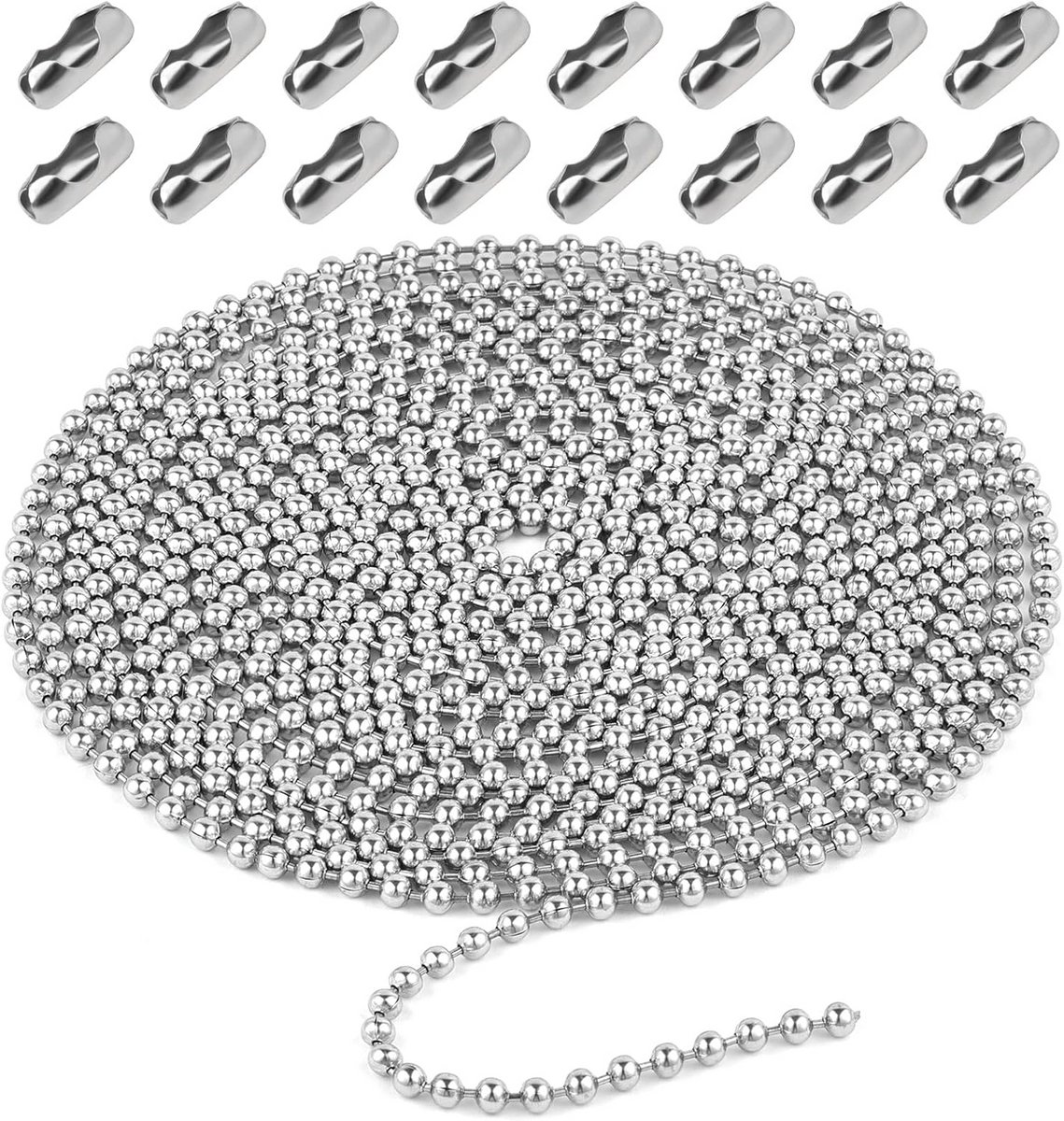 Allecto Plus - RVS Kogelketting 5 Meter met 16 Stuks Kettingconnectoren - Zilverkleurig - Rolgordijn Accessoires