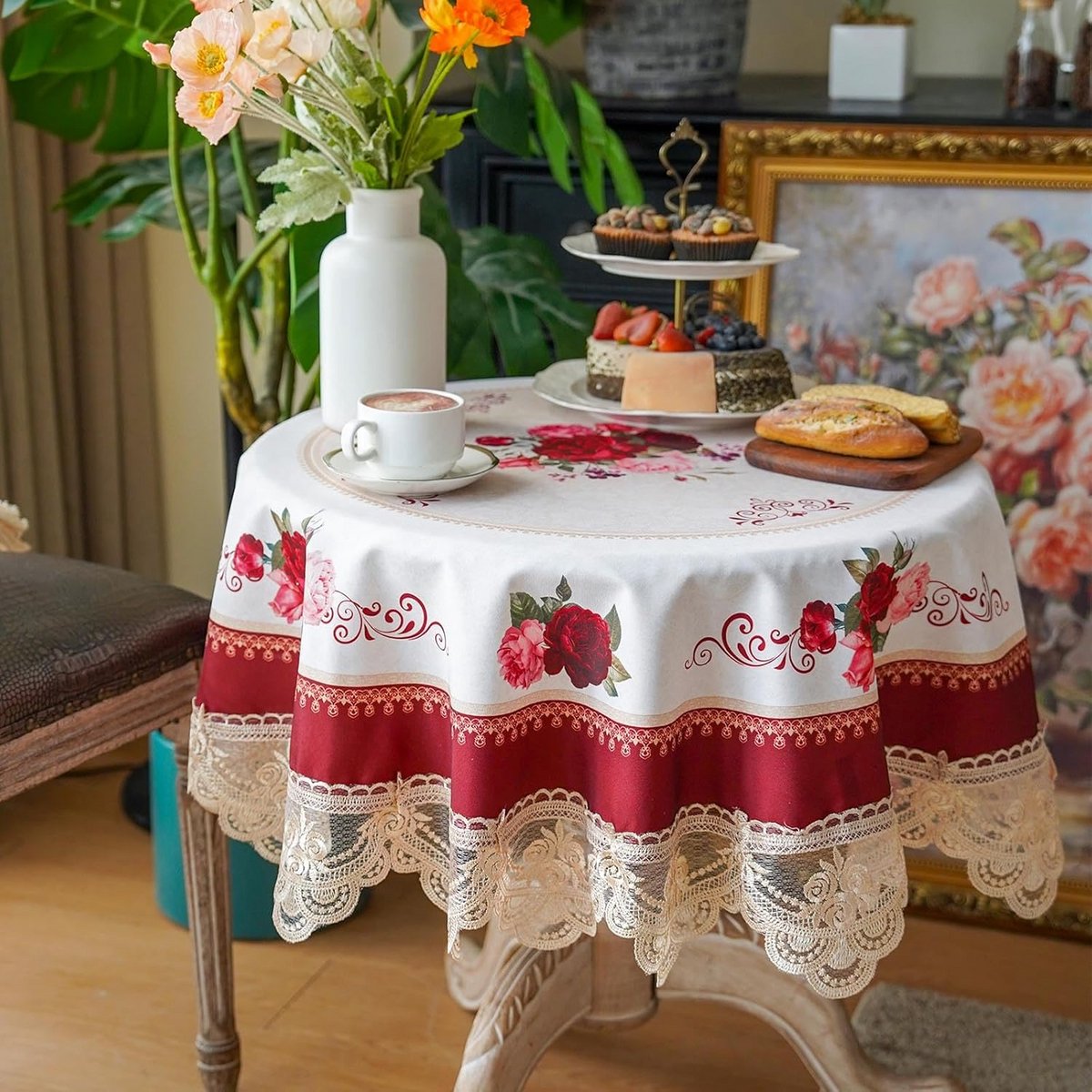 Ronde Tafelkleed met Kant Geborduurd Bloemdecoratie Klassiek Antiek
