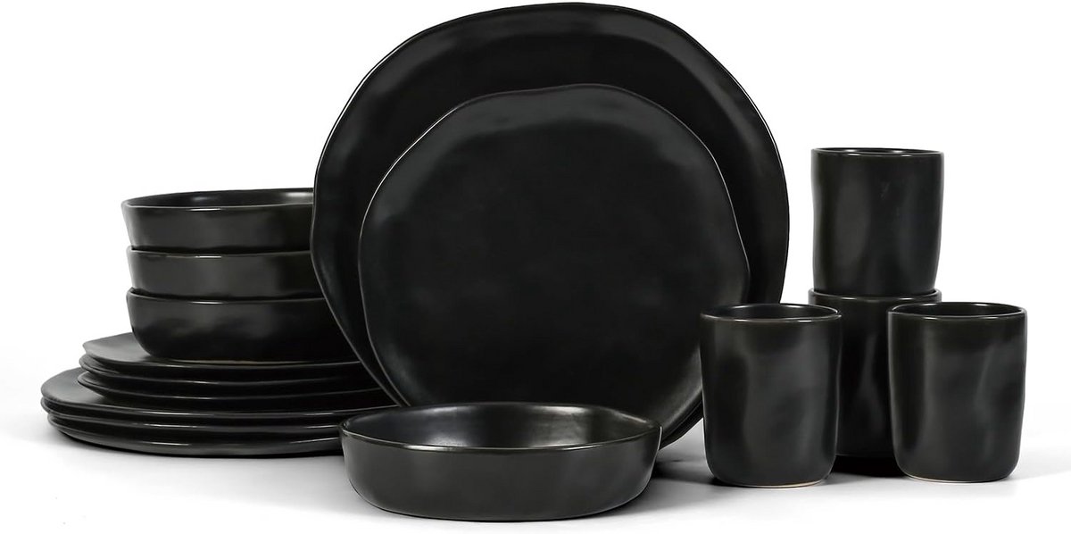 16-delige Steengoed Servies Set Zwart voor 4 Personen - Rustiek Ontwerp
