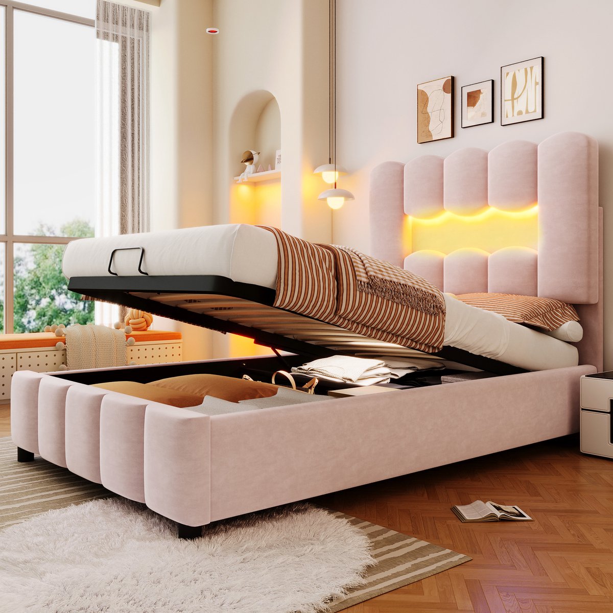 STILVORA Gestoffeerd Bed 90x200 cm – Eenpersoonsbed Met Hydraulische Opbergruimte & LED – Verstelbaar Hoofdeinde – Velours – Roze – Zonder Matras