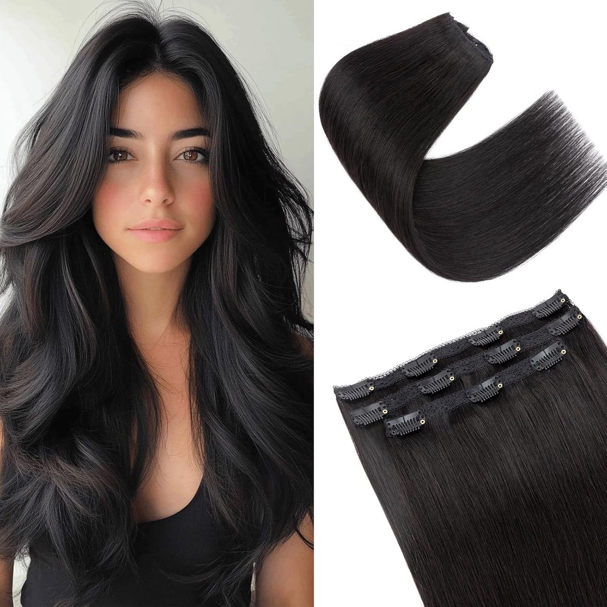 Clip-in Haarverlenging Echt Haar Set - 3 Delen - Volle Bundel - Natuurlijk Zwart