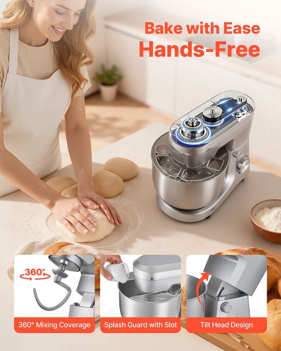 Keukenmachine Staande Mixer - Planetaire Deegmixer - 1500W Vermogen - RVS Kommen 4,2L + 5,7L - 10 Snelheden - Kantelbare Kop - Met Deeghaak, Garde en Klopper — afbeelding 2