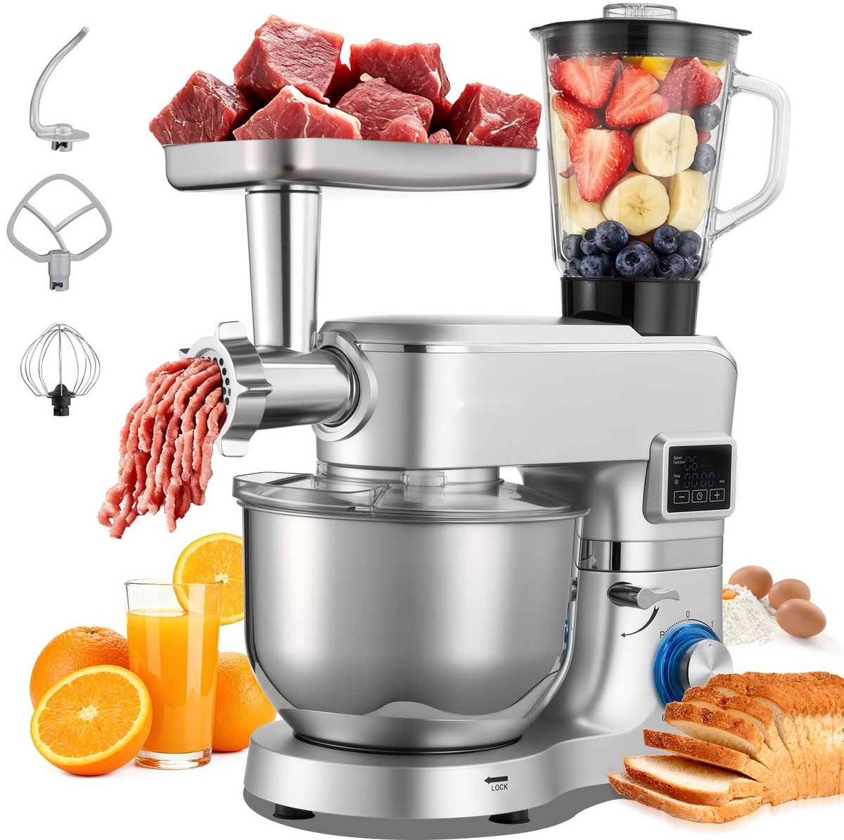 Elektrische Keukenmachine - Standmixer/Deegmixer - 1500 W - RVS Kom 5,7 L - Mengkom 1,5 L - 6+P Snelheden - Inclusief Deeghaak, Garde En Klopper