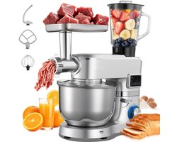Elektrische Keukenmachine - Standmixer/Deegmixer - 1500 W - RVS Kom 5,7 L - Mengkom 1,5 L - 6+P Snelheden - Inclusief Deeghaak, Garde En Klopper