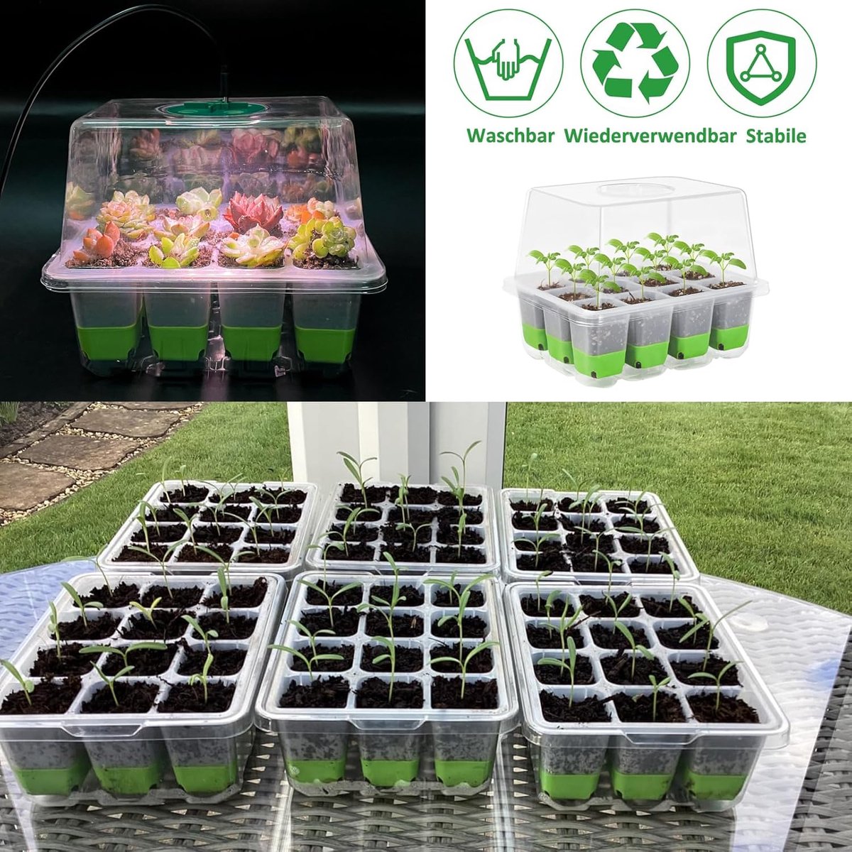 Famanu – Zaadbakken zaailingen starterbak (12 cellen per bakje) - vochtigheid verstelbare kiemkit voor planten - mini-kweekset - kweekbak met koepel en basis plantenlabels - handgereedschapset (transparant)