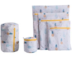 5 stuks - Waszakken - Met rits - Waszakken voor de wasmachine - Klein, middelgroot, groot, cilindrisch, bh-zakken - Ananaspatroon - Waszakken van mesh - Geschikt voor de wasmachine - Kledingorganizers voor op reis - Wit