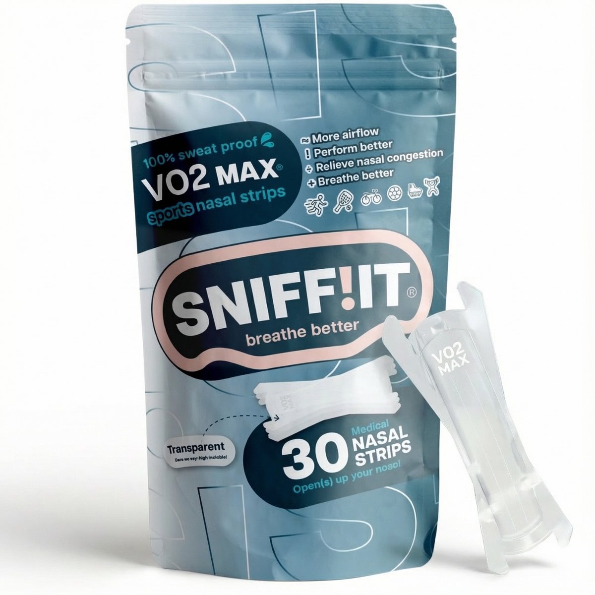 Sniffit® VO2 MAX Sport Neusstrips - 100% zweet bestendig - Maximale lift van je neusvleugels - Neusstrips voor sporten - Neuspleisters - Neusspreider - Anti snurk strips - Zacht voor de huid - Hypoallergene lijm - Beter slapen