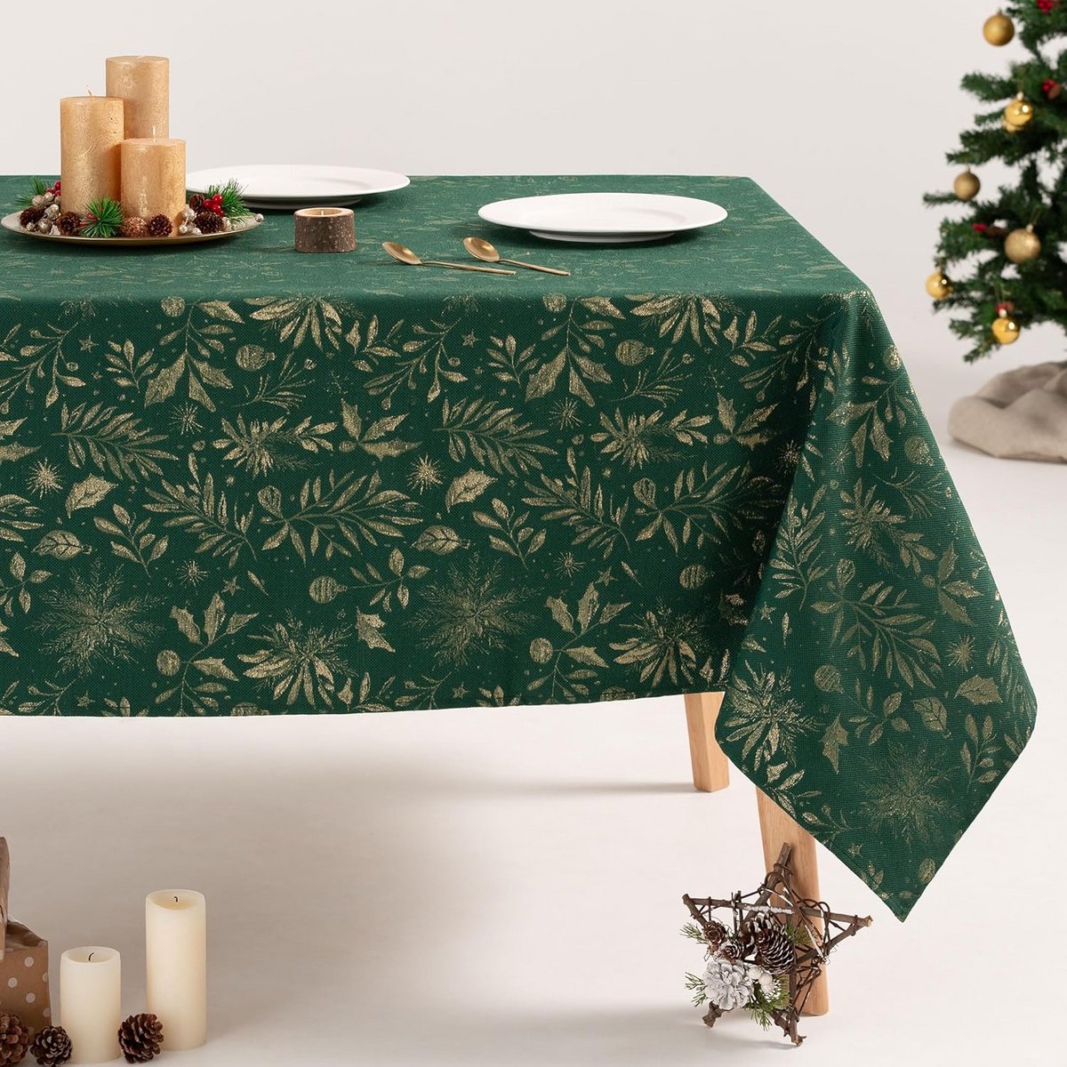 Luxe Kerst Tafelkleed Rechthoekig Zwart Jacquard Bloemen Goud 140x100 cm