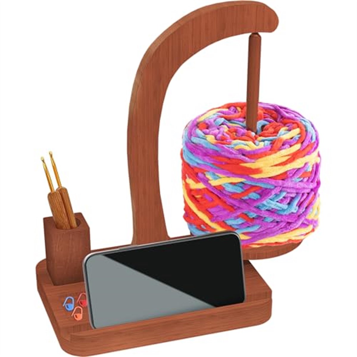 Ynkkvre -Garenhouder voor Haken & Breien - Bamboe Garenhouder - Breien En Haken - Verbeterde Magnetische Rotatie Met Opbergmogelijkheid Voor Accessoires En Smartphonehouder - 1 Stuk - Voor Liefhebbers Van Handwerken In Natuurlijke Materialen