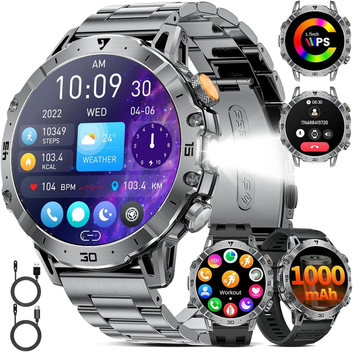 Grootscherm Smartwatch voor Heren met 1000mAh Batterij en IP68 Waterdicht