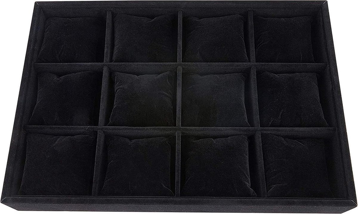 Horloge-dienblad - Horlogedienblad - 12 sleuven - fluweel - showbox - sieradentrays - stapelbaar - zwart - Modern - opbergbox - geschikt voor horloges - sieraden - zwart.