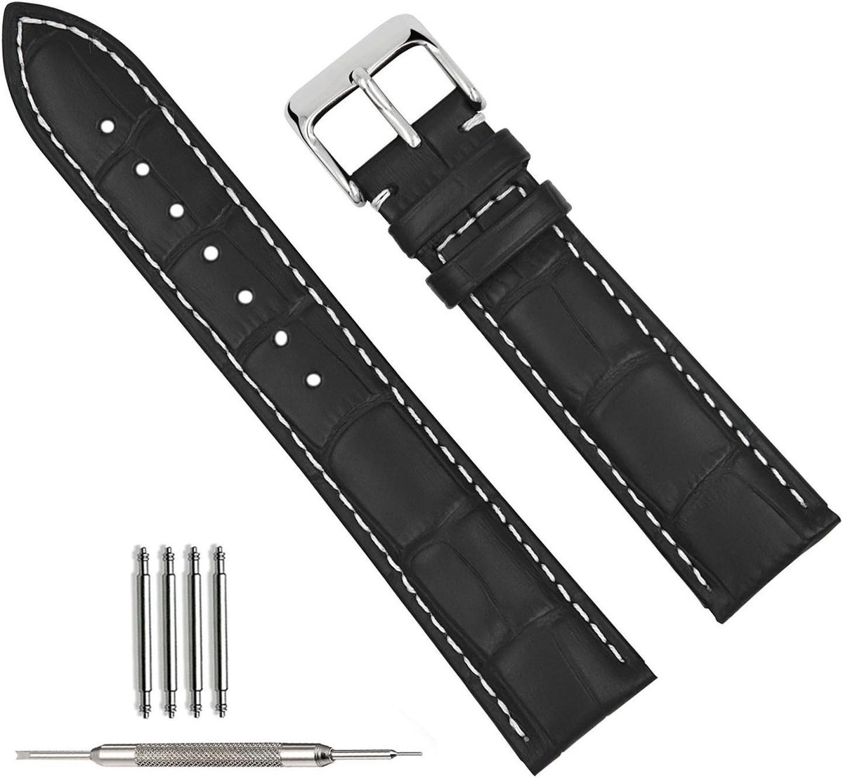 CSGoods - Zachte vervangende lederen horlogebandjes met krokodil-reliëf, 21mm, zwart-wit steek