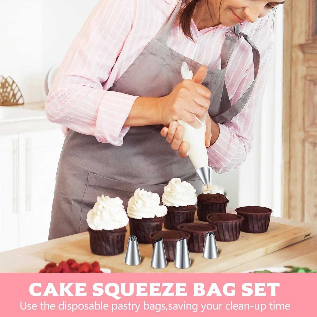 CSGoods - Spuitzakken set met 126 stuks, inclusief roestvrijstalen spuitmonden, koppelingen en professionele Eva spuitzak - ideaal voor decoratie van cupcakes, koekjes en cake.