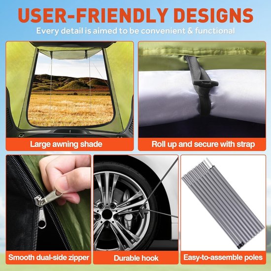 Universal Tailgate Tent - Waterproof Car Rear Tent voor Camping en Reizen met UV Bescherming - Compatibel met SUV's zoals VW T-ROC en T-ROC Convertible — afbeelding 5