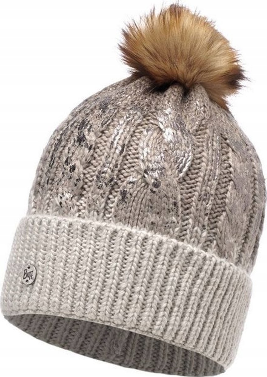 Buff Gebreide Muts Nisse Bruin Taupe set Pompon