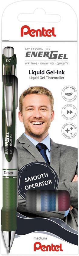 Een Pentel EnerGel pen in groen met een man in een pak. De tekst "SMOOTH OPERATOR" staat op de verpakking.
