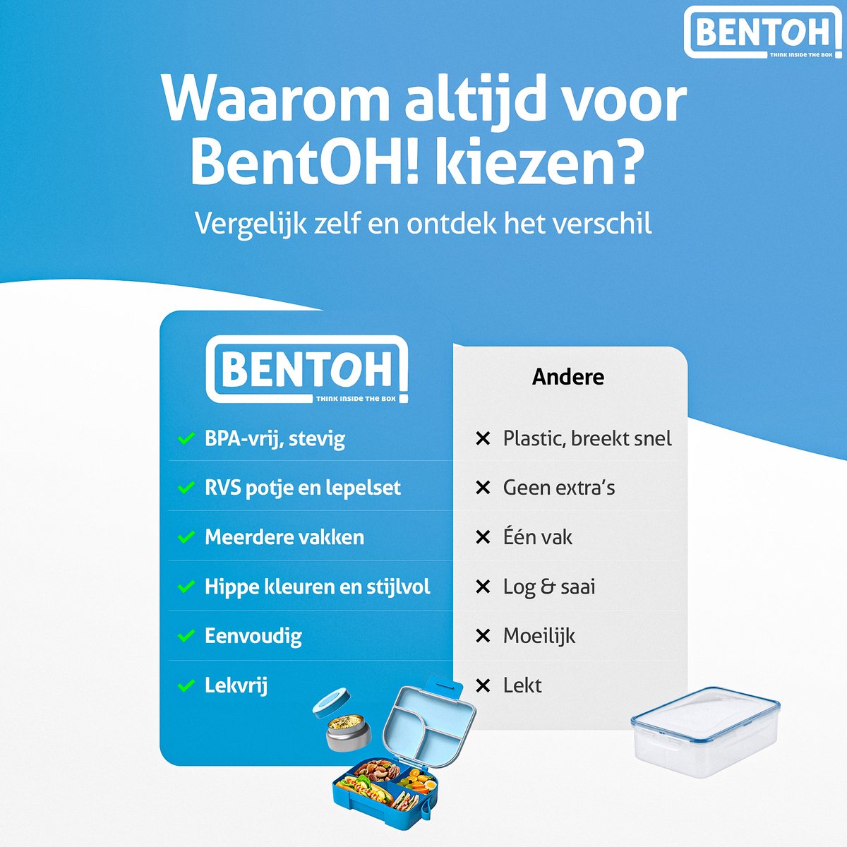 BentOH! Bento Box Kinderen & Volwassenen - Blauw – Lekvrije Lunchbox met Vakverdeling – Magnetron- & Vaatwasserbestendig – Inclusief lepelset — afbeelding 6