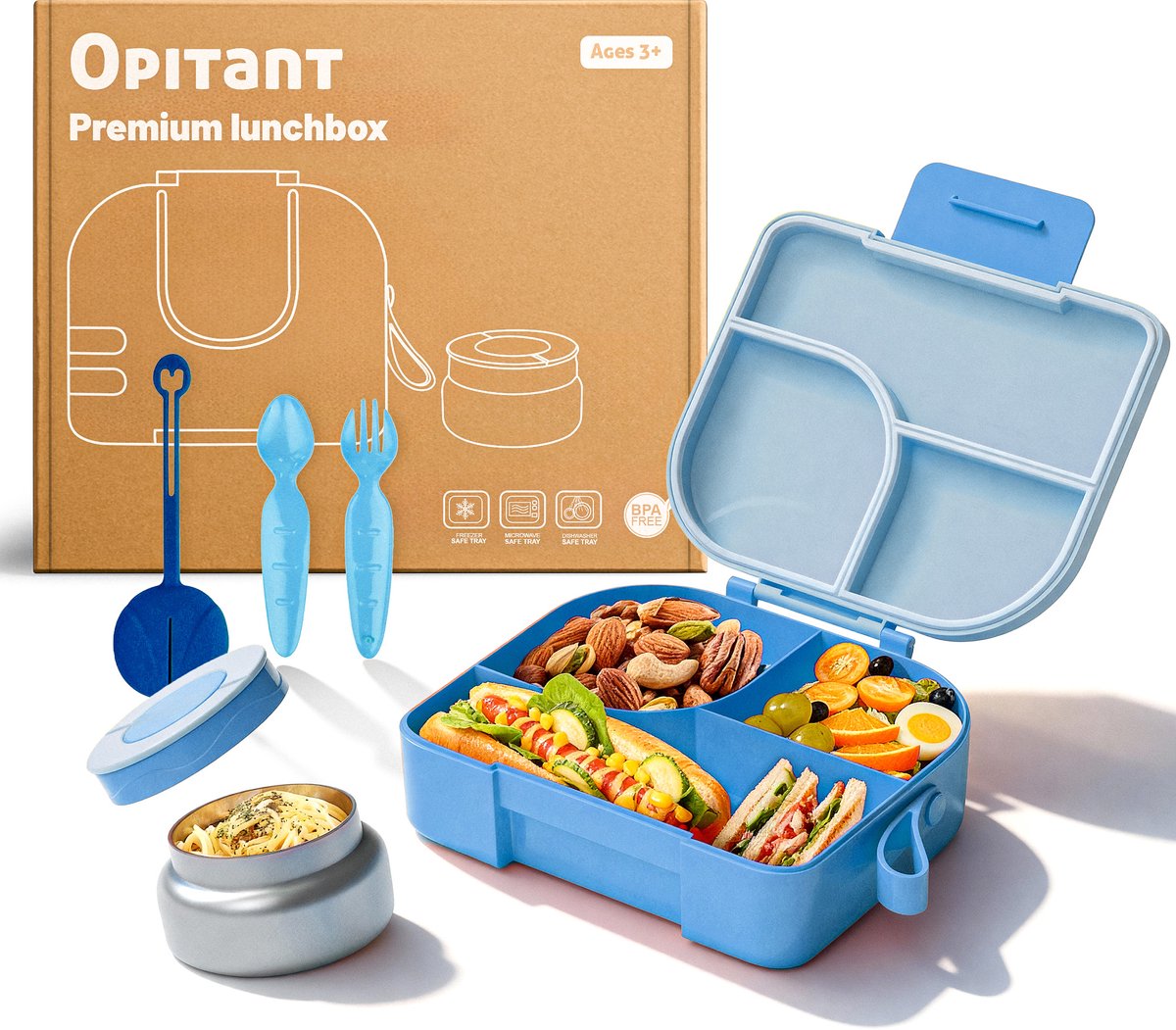 BentOH! Bento Box Kinderen & Volwassenen - Blauw – Lekvrije Lunchbox met Vakverdeling – Magnetron- & Vaatwasserbestendig – Inclusief lepelset — afbeelding 1