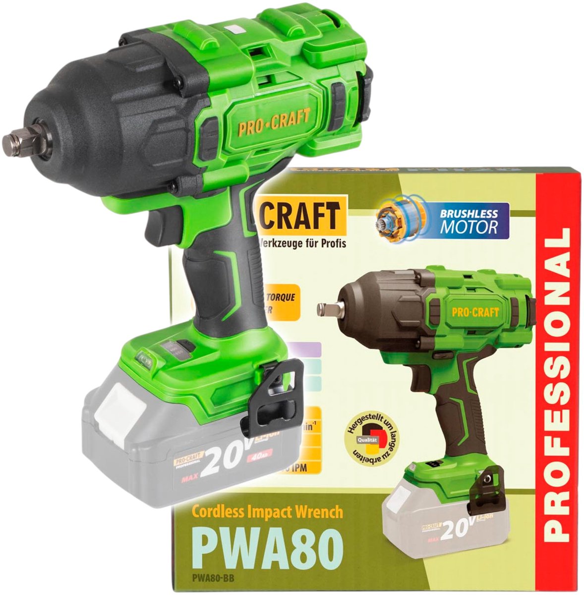 Procraft PWA80bb accu-slagmoersleutel 20 V 1600 Nm 1/2" borstelloos solo - zonder accu, zonder oplader