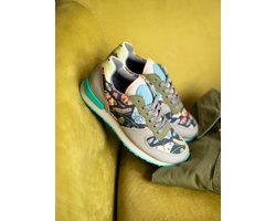 Inkkas Flutterby dames sneaker – comfortabele kleurrijke vegan sneaker met vlinderprint – teal/roze/zwart, Maat 37