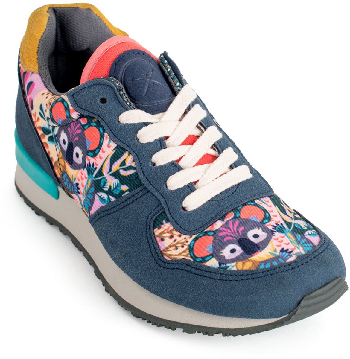 Inkkas Joey dames sneaker – comfortabele kleurrijke vegan sneaker met koala-print – saliegroen/lavendel/blauw, Maat 41